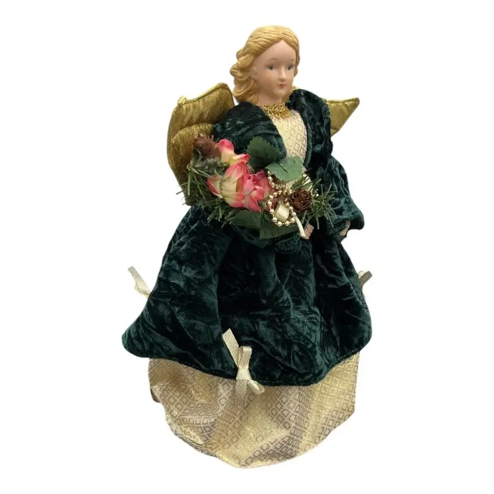 Vtg‎ Angel Tree Topper Green Velvet Gold Wings Porcelain Head Christmas 12
