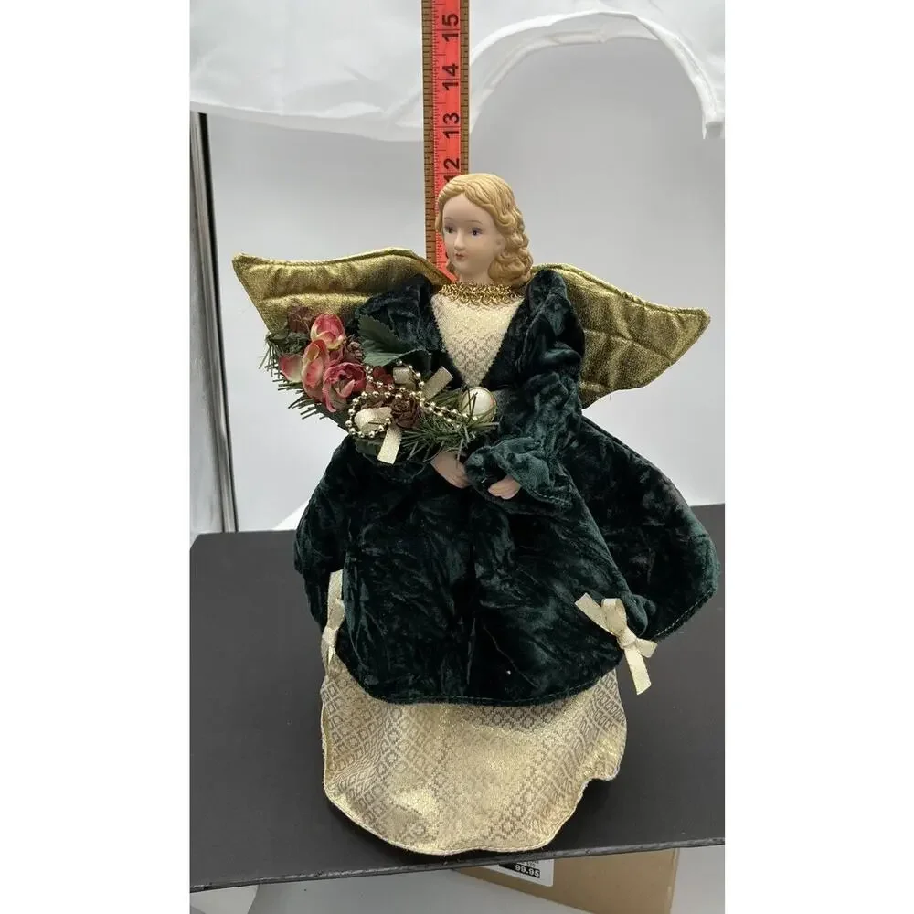 Vtg‎ Angel Tree Topper Green Velvet Gold Wings Porcelain Head Christmas 12