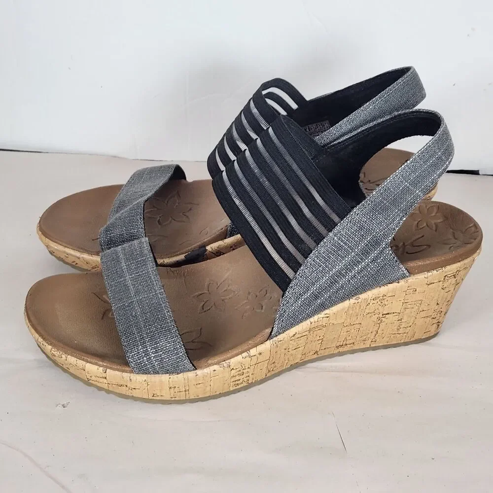 Skechers Luxe‎ Foam Beverly Smitten Taupe Cork Wedge Sandals Womens Size 7