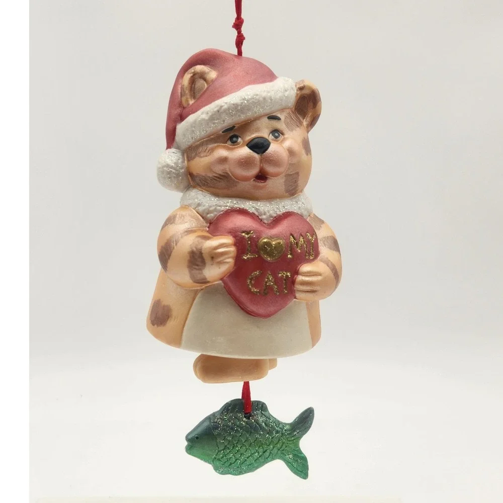 Cat In Santa Hat Holding I Love My Cat Heart Glitter Fish Clapper Ceramic 1998‎