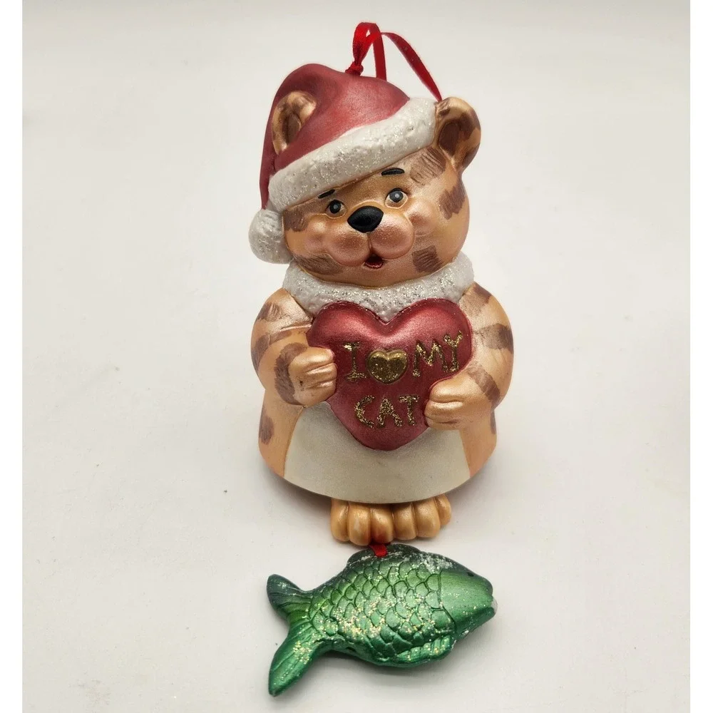 Cat In Santa Hat Holding I Love My Cat Heart Glitter Fish Clapper Ceramic 1998‎