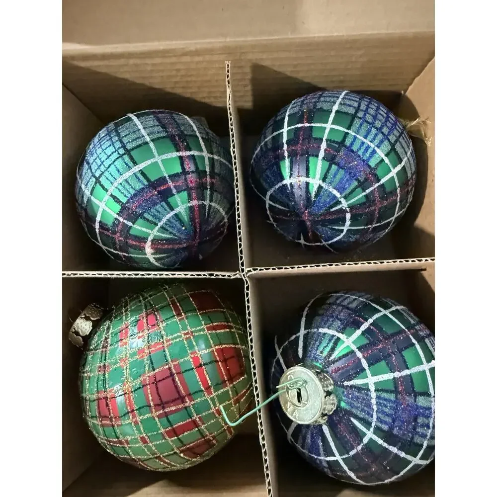 Vintage Jeffrey Banks Home Ornaments Set of 8 Large Plaid Glass Ornaments w/ Box