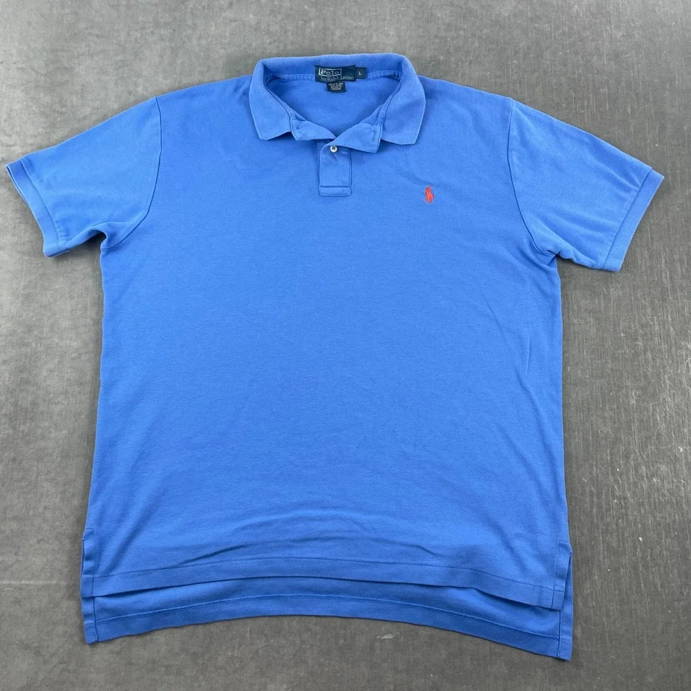 Polo Ralph Lauren Men Large Blue Short Sleeve Polo Shirt Orange Pony Logo