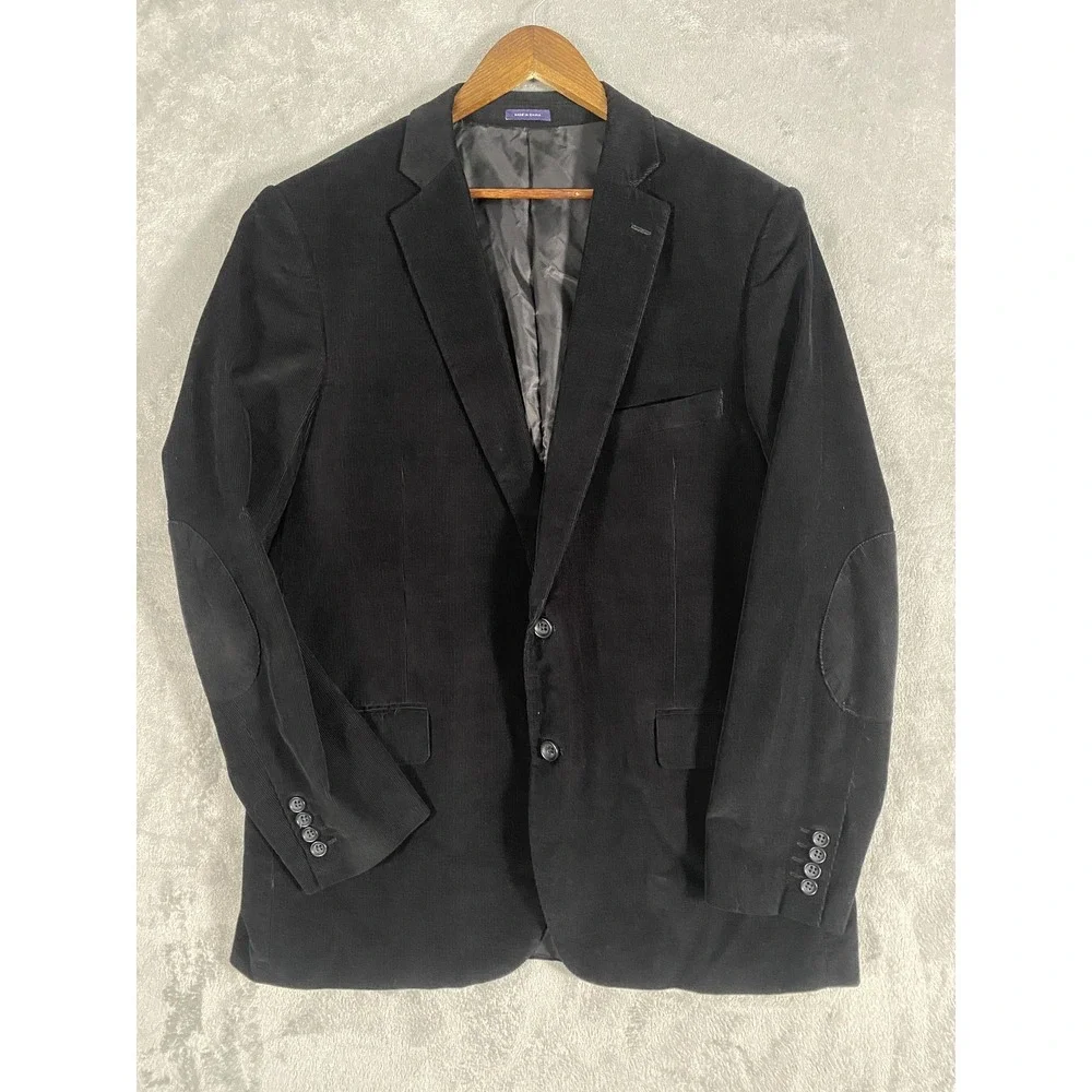 Stafford Blazer Mens‎ 46 L Black Corduroy Classic Fit Sport Coat Elbow Patch
