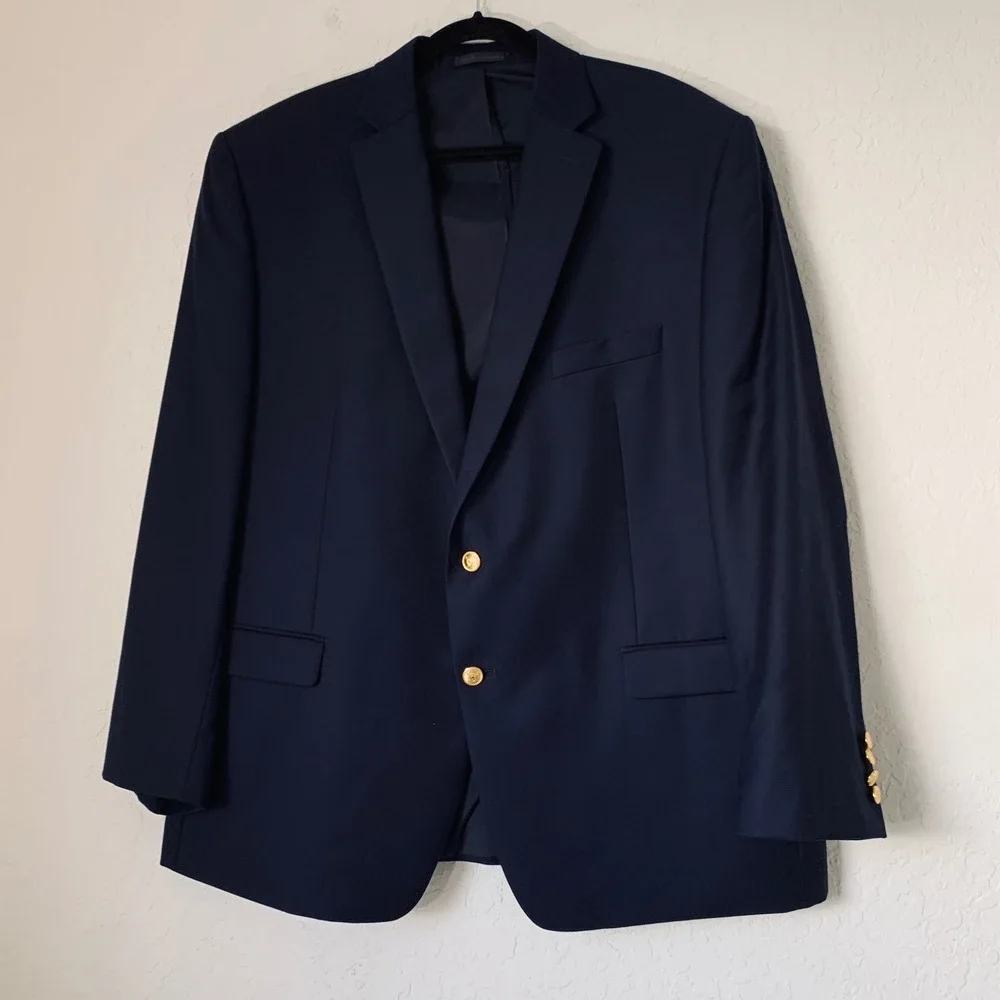 Lauren Ralph Lauren Blazer Mens 48R Navy Blue Wool Gold Crest Button Preppy Ivy