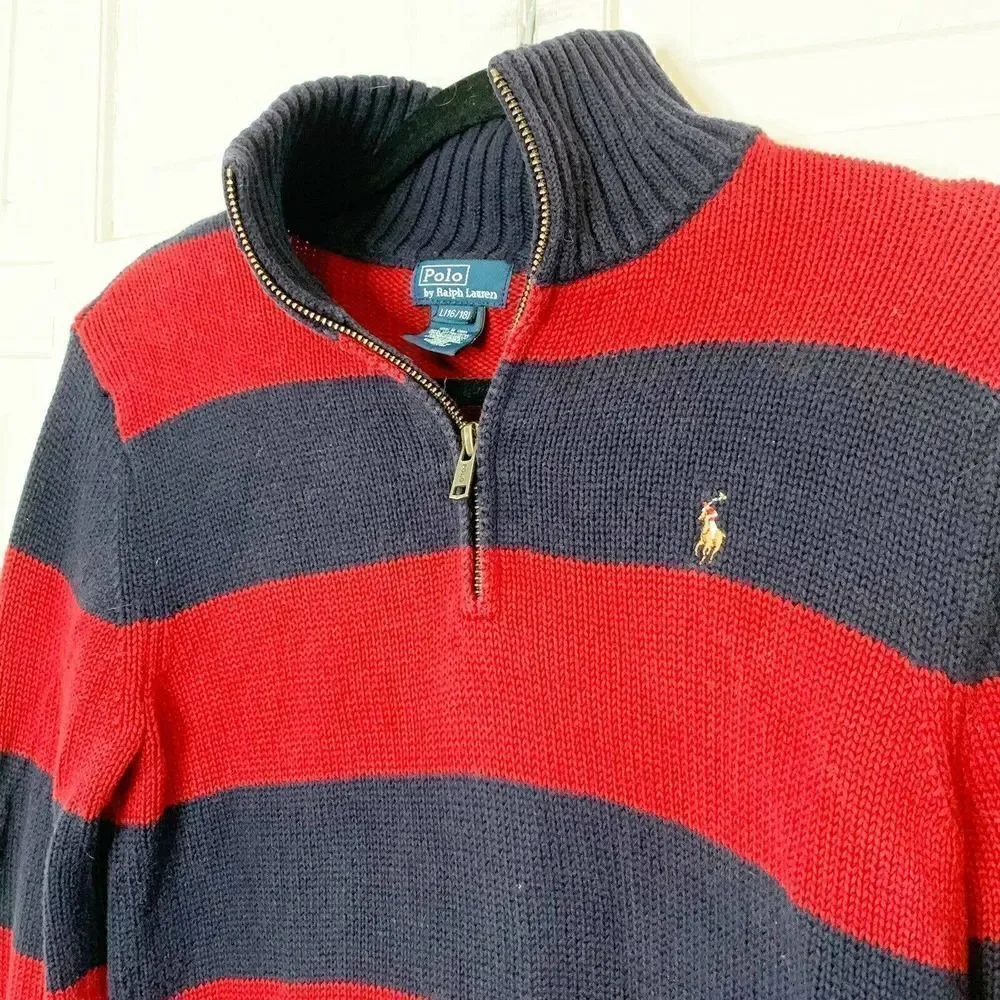 Ralph Lauren Polo Boy’s 1/4 Zip Navy Blue & Red Cotton Sweater Size Large 16-18