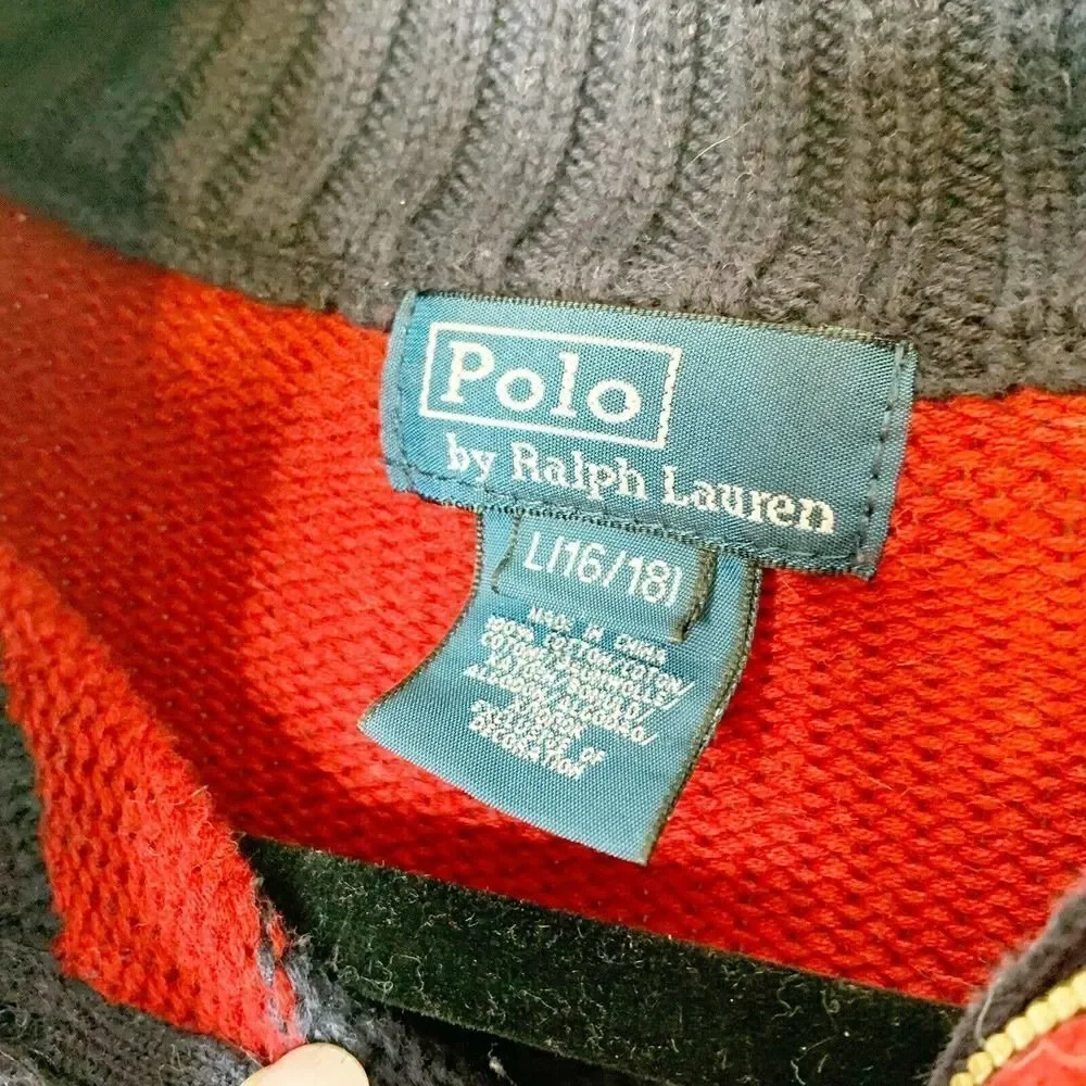 Ralph Lauren Polo Boy’s 1/4 Zip Navy Blue & Red Cotton Sweater Size Large 16-18