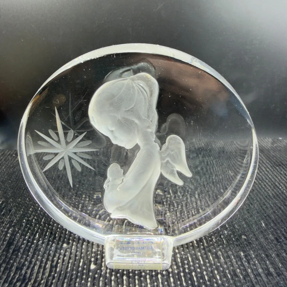 Danbury Mint 1977 Christmas Crystal Praying Angel‎ Star Plaque Italy Clear VTG