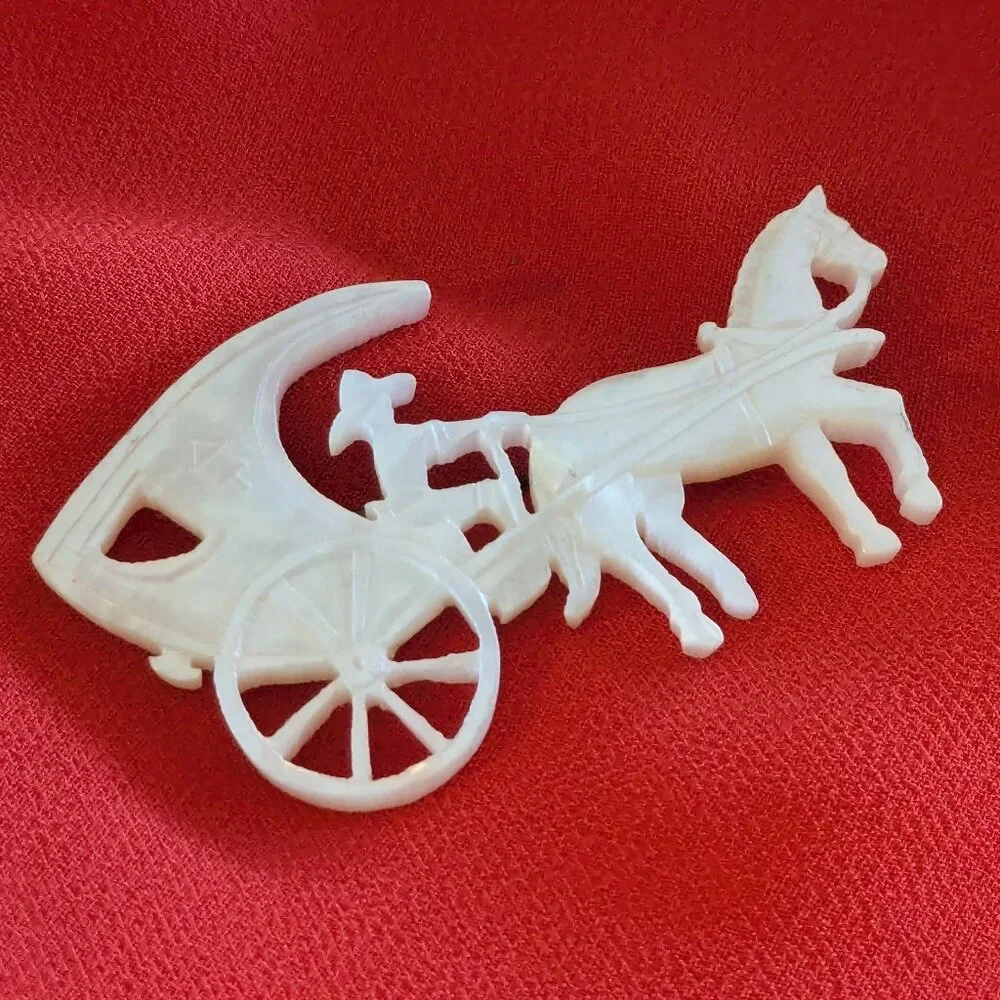 Vintage Hand Carved Mother of Pearl Horse & Carriage Brooch – From Philippines