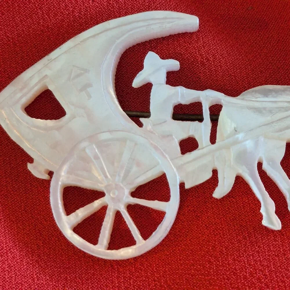 Vintage Hand Carved Mother of Pearl Horse & Carriage Brooch – From Philippines