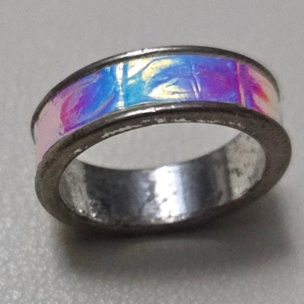 Iridescent‎ Holographic Fabric Inlay Band Ring Silver Tone Size 7 Oil Slick