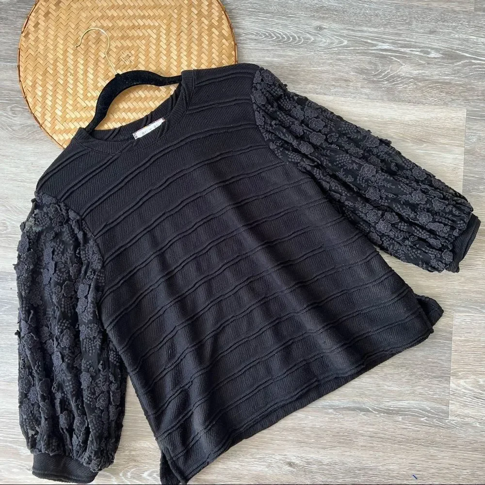 Anthropologie eri + ali black‎ embroidered balloon sleeve blouse