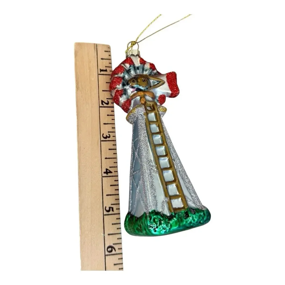 Farm Windmill Rustic Midwest‎ Glass Christmas Ornament Red Green White EUC