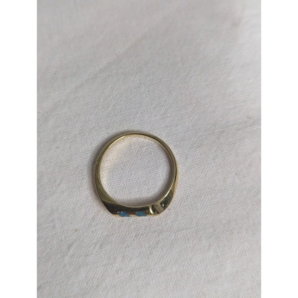 double turquoise inlay band Womens gold ring‎ size 6 unisex mens