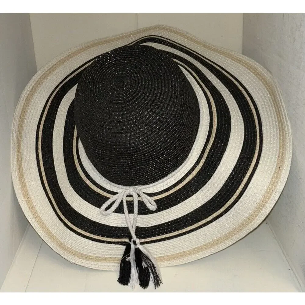 INC International Concepts Striped Wide Brim Floppy Sun Hat Black‎ White Tassel