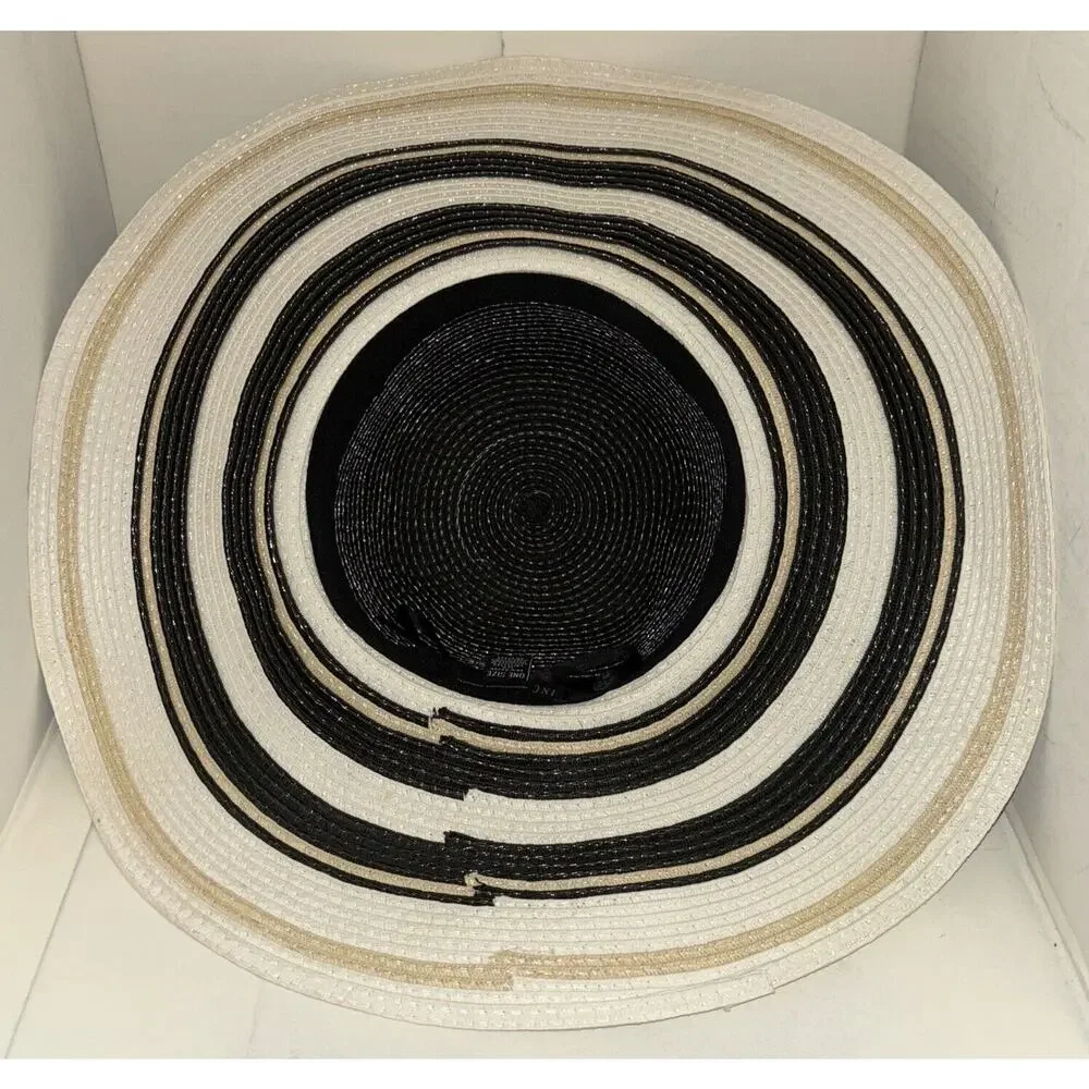 INC International Concepts Striped Wide Brim Floppy Sun Hat Black‎ White Tassel