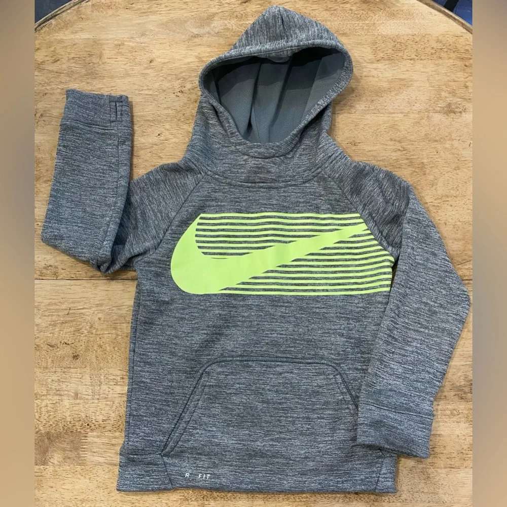 Nike Dri Fit Kid’s 7/L (6-7 yrs) Striated Gray‎ Neon Logo Scuba Neck Hoodie