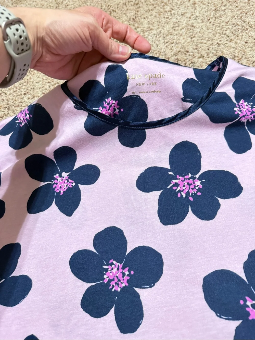 kate spade Lilac Floral Short Sleeve Pajama Top with Navy Flowers Womens M EUC