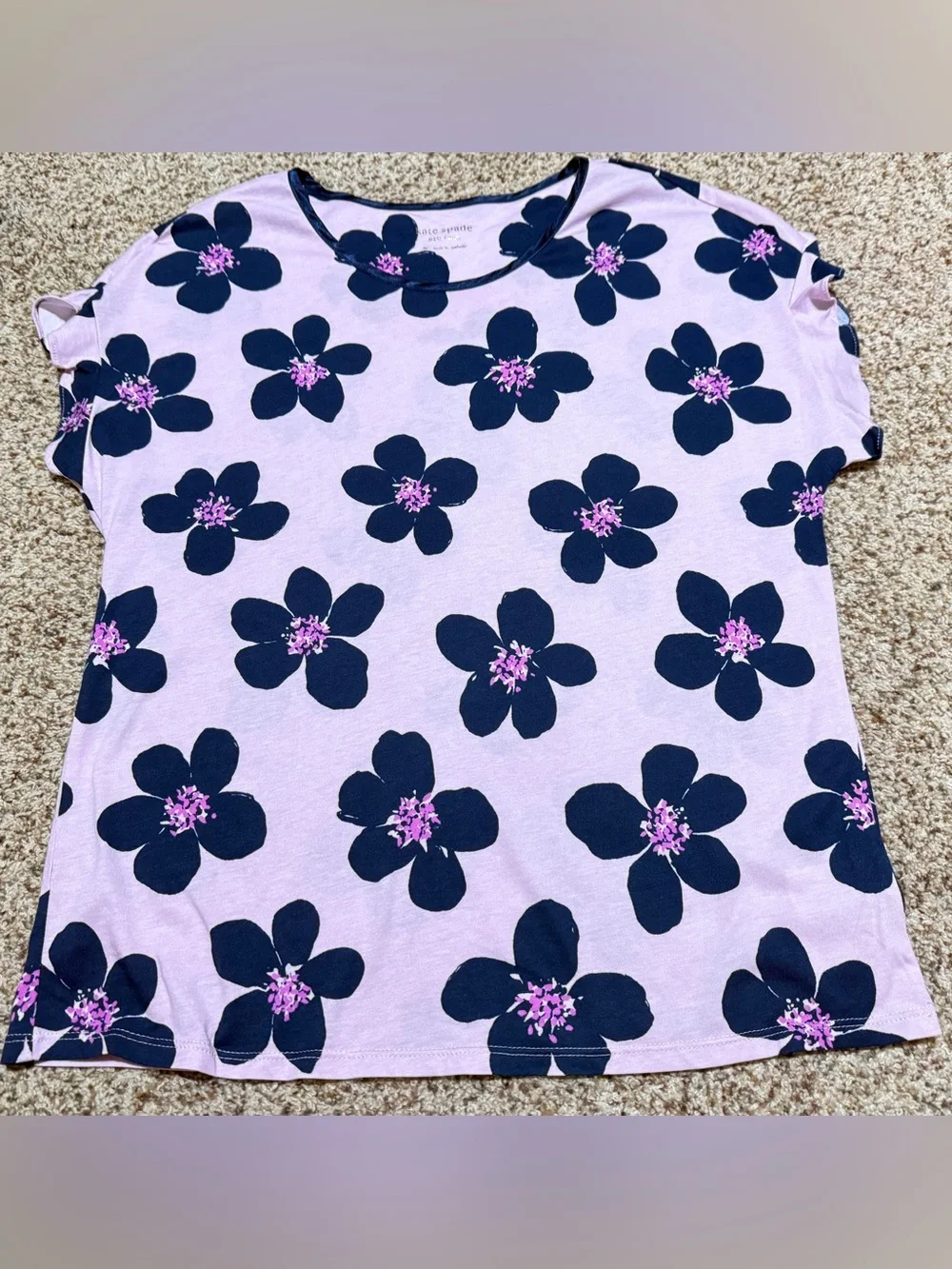 kate spade Lilac Floral Short Sleeve Pajama Top with Navy Flowers Womens M EUC