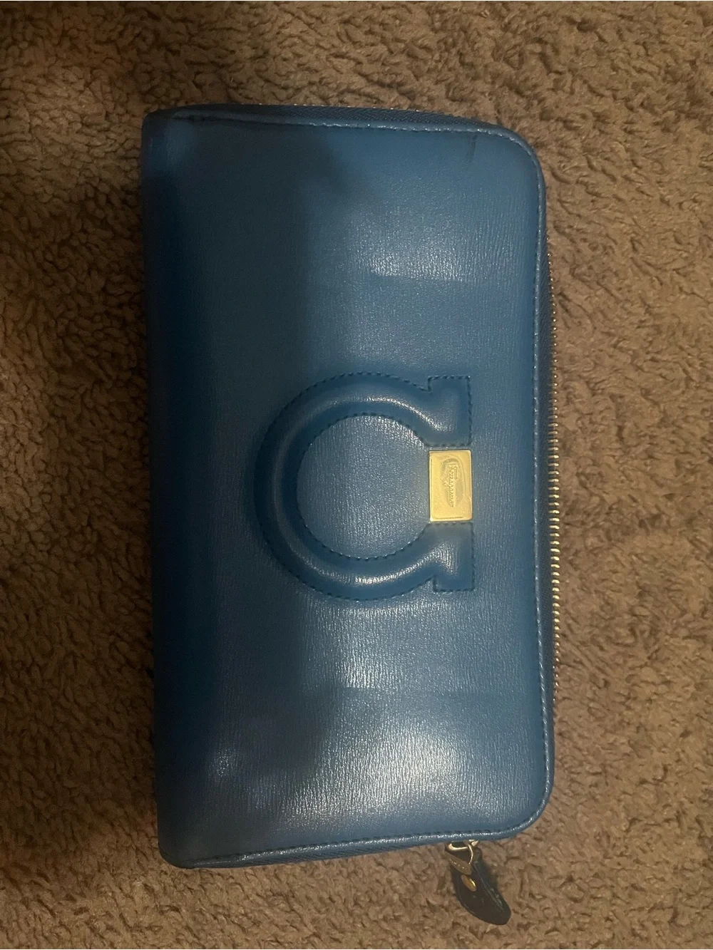 Salvatore Ferragamo Blue Zip-Around Wallet with Signature 'Gancio' Emblem