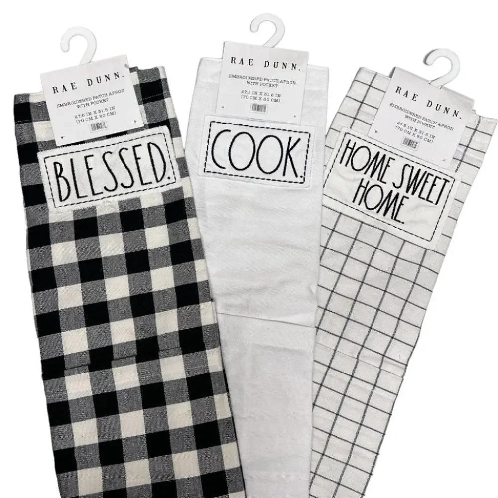 Rae Dunn Blessed /Cook /Home Sweet Home Apron Embroidered Patch‎ Pocket Checked