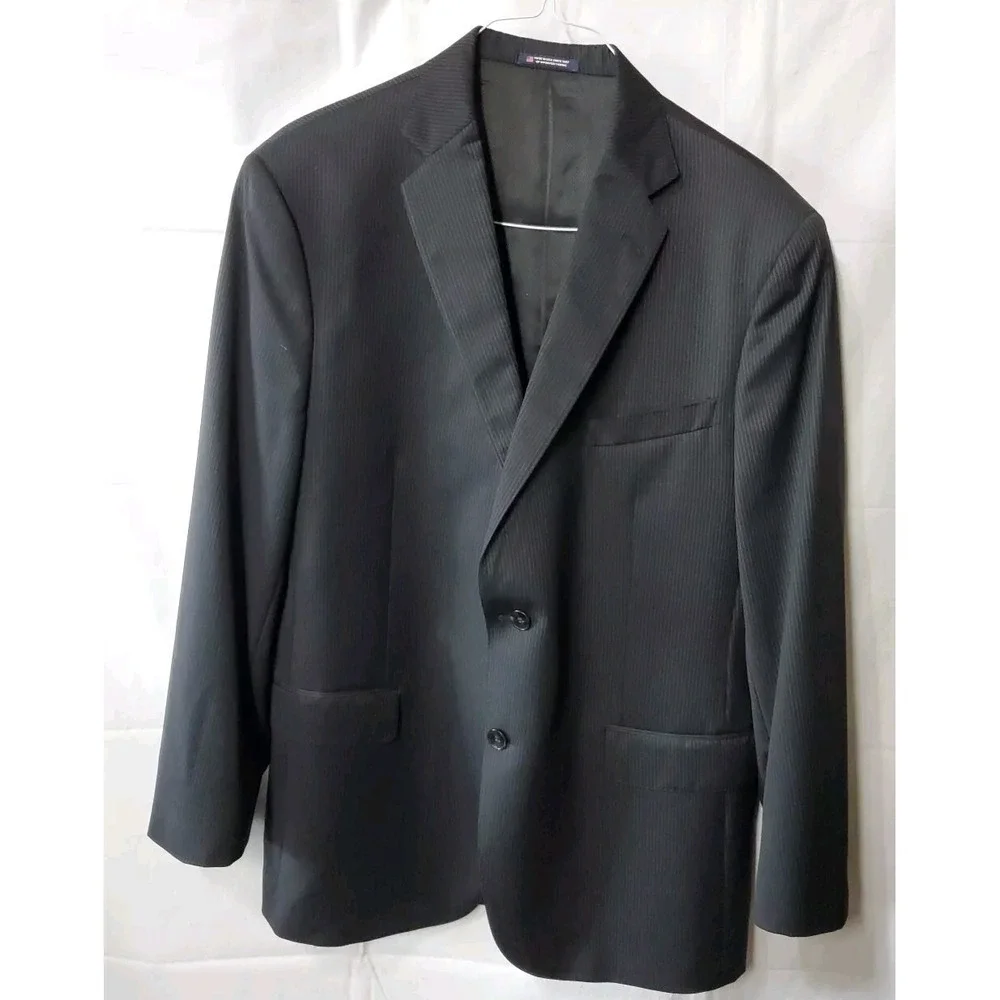 Vintage‎ Hart Shaffner Marx Blazer 46R Imported Fabric Black Pinstripe *Flaw*