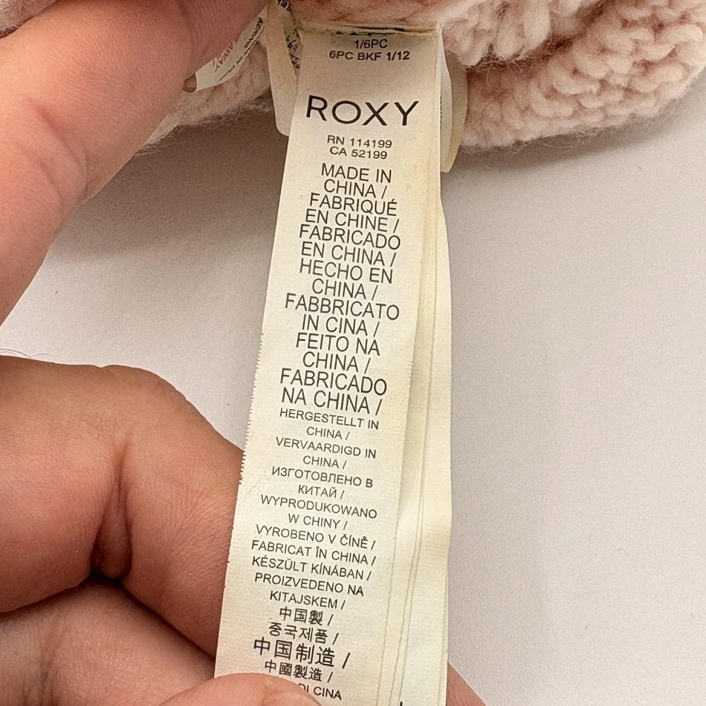 ROXY Womens Beanie Pink Medium Lined Knit Pom Fur Trim Logo Winter Cozy