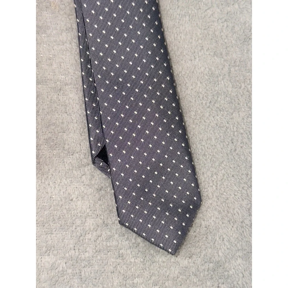 Kenneth Cole New York Men's Skinny Silk Tie‎ Gray White Polka Dot Hand Made