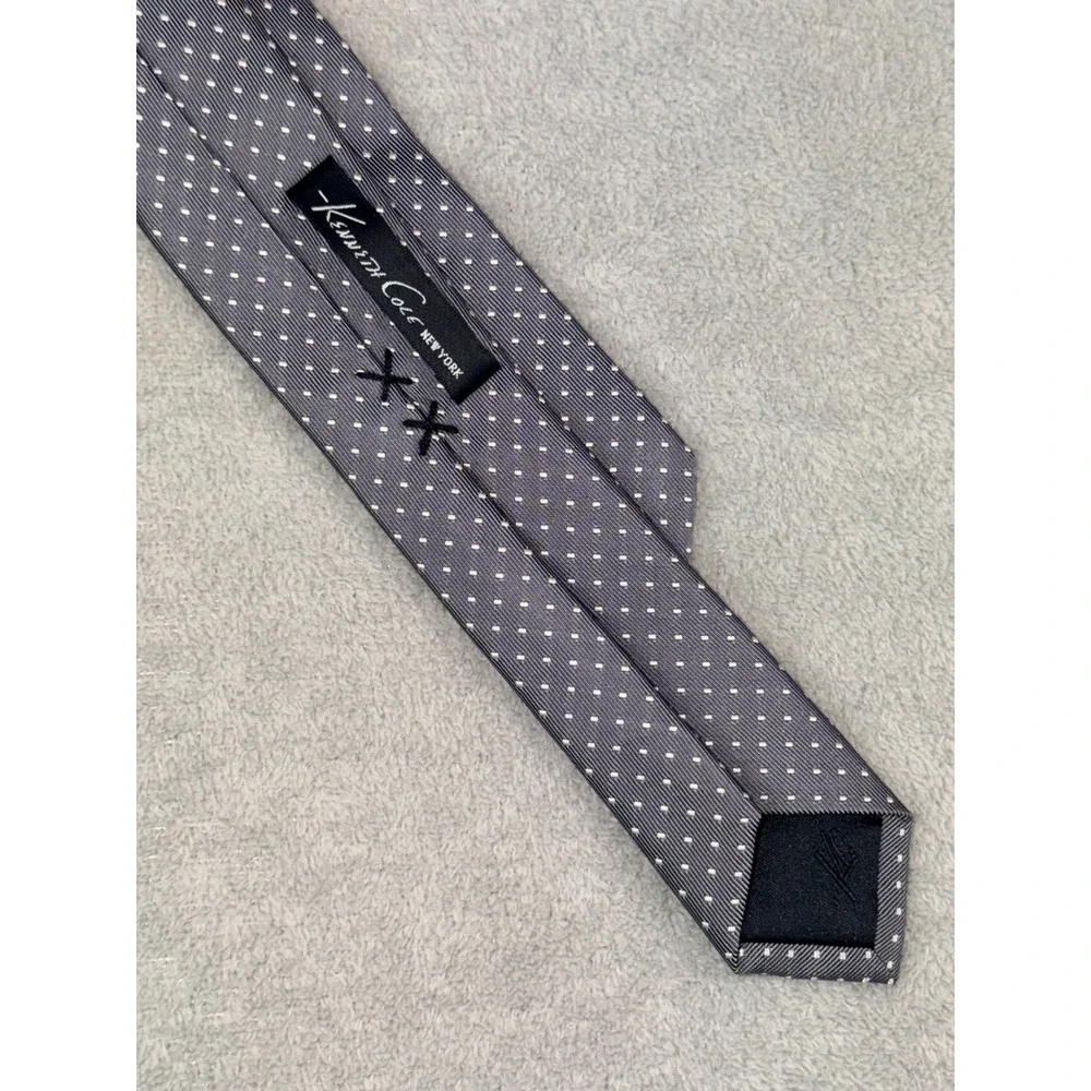 Kenneth Cole New York Men's Skinny Silk Tie‎ Gray White Polka Dot Hand Made