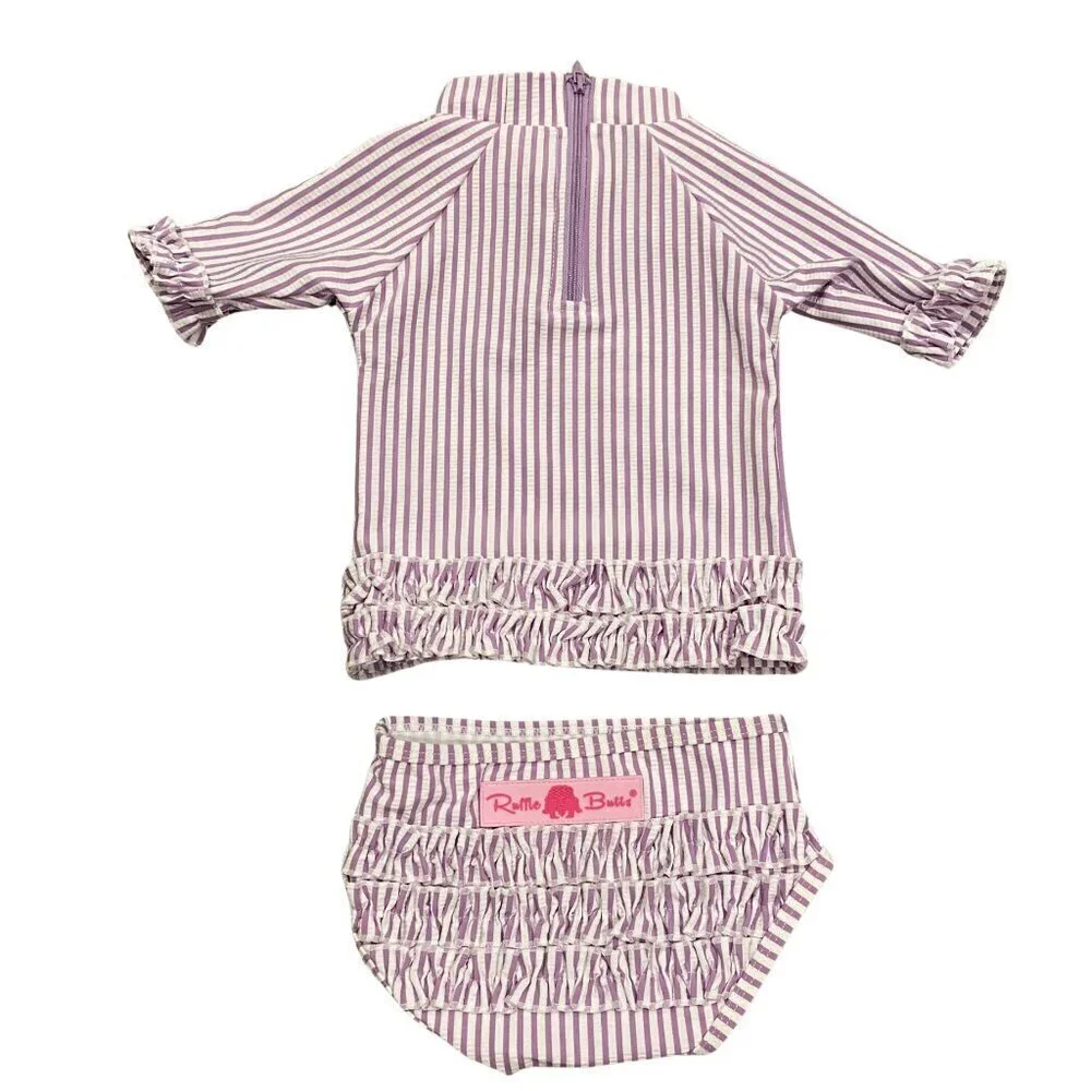 Ruffle Butts 3 piece Purple & White Seersucker Swimsuit & Hat - New!
