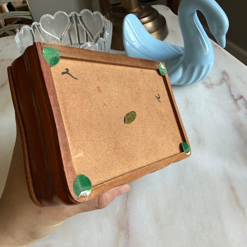 Vintage Wood Jewelry Box‎ Double Heart Floral Glass Inlay Trinket Box Organizer