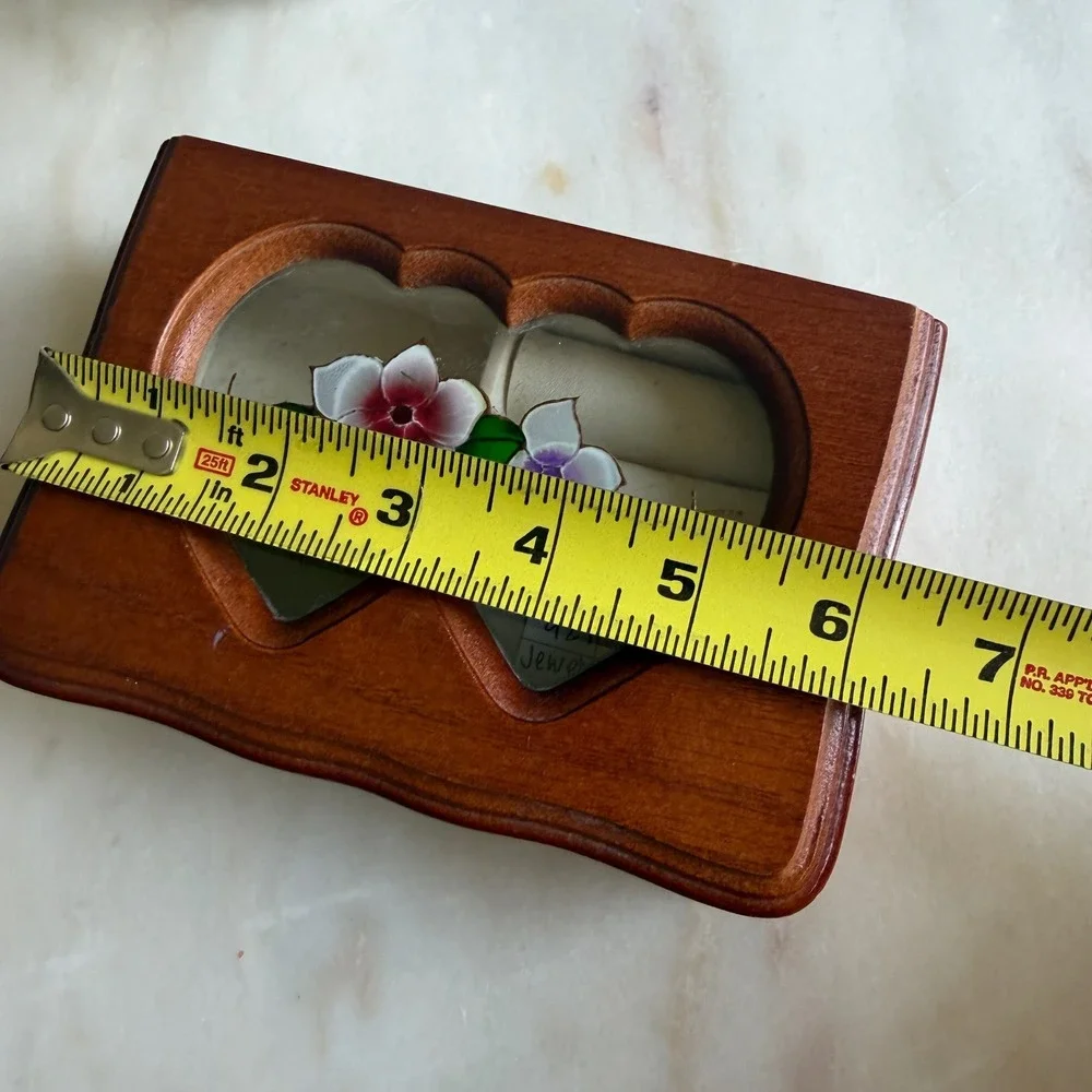 Vintage Wood Jewelry Box‎ Double Heart Floral Glass Inlay Trinket Box Organizer