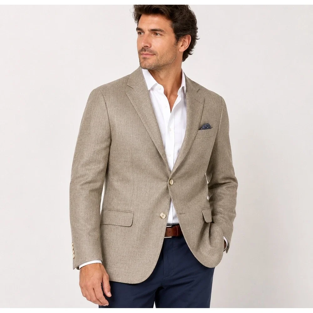 Oscar‎ de la Renta Mens Blazer Wool Beige Tweed Two Button Sport Coat Size 44