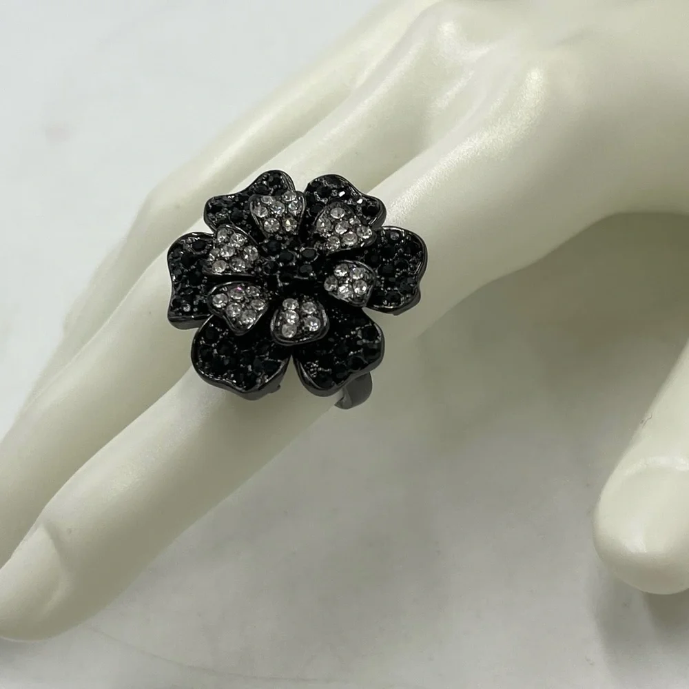 Rare Joan‎ Rivers Gunmetal Finish Belle Fleur Black & Clear Crystal Ring 6 New