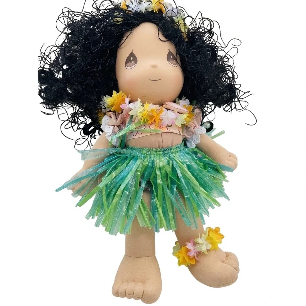 Precious Moments Hawaiian Hula Girl Plush Doll Vtg 1980s Curly Hair‎ Lei Skirt