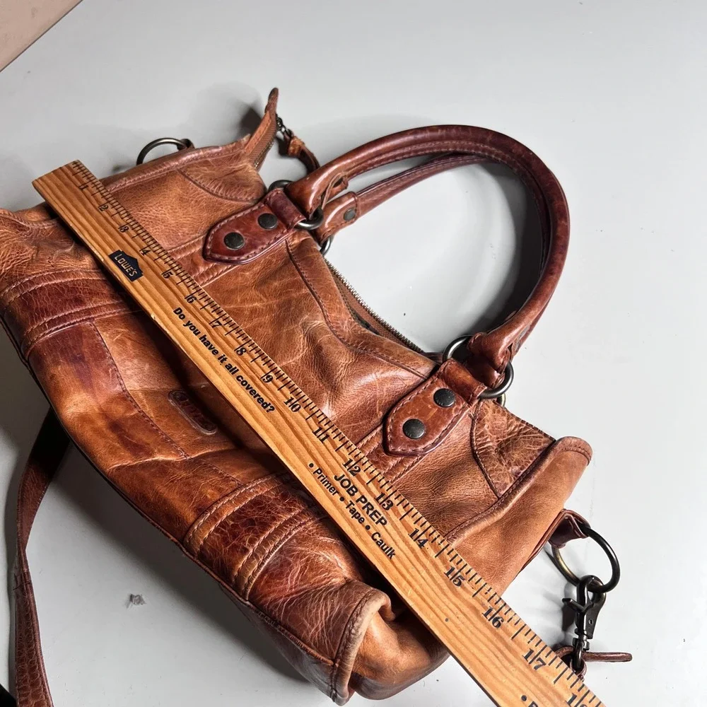 Frye‎ Melissa Satchel Cognac Brown Leather Crossbody Handbag Distressed Medium