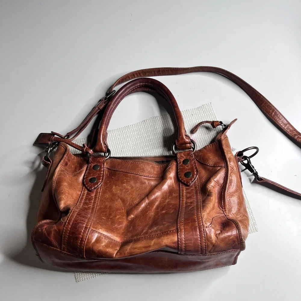 Frye‎ Melissa Satchel Cognac Brown Leather Crossbody Handbag Distressed Medium
