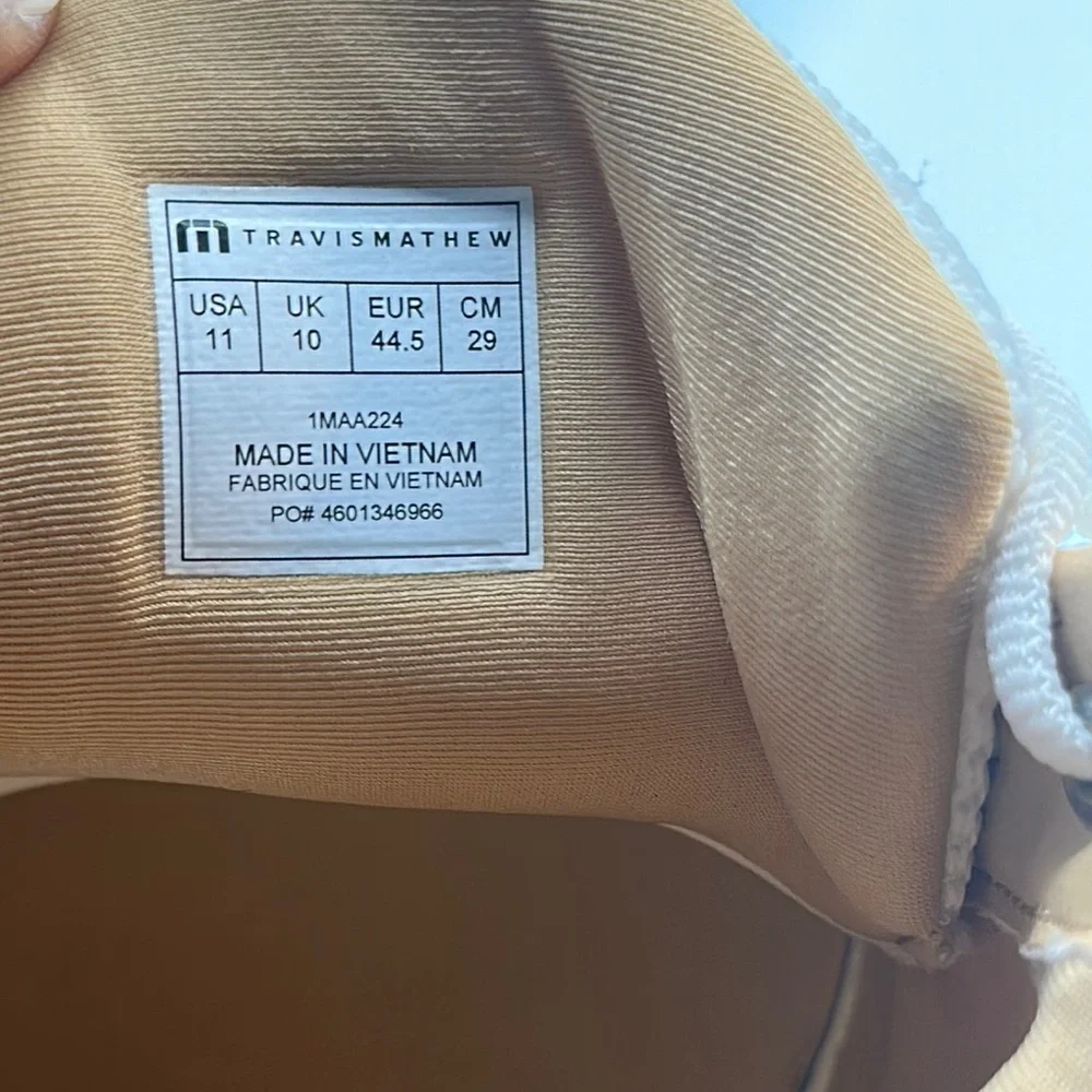 Travis Mathew Sz 11 The Daily Pro White and Tan Sneakers Minimalist‎ Design