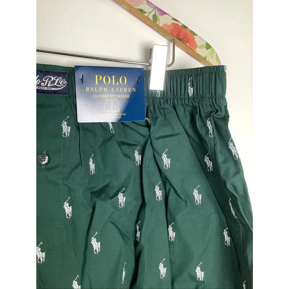 Polo Ralph Lauren Men's XL Green Pony Cotton Woven Boxer Shorts D2-6
