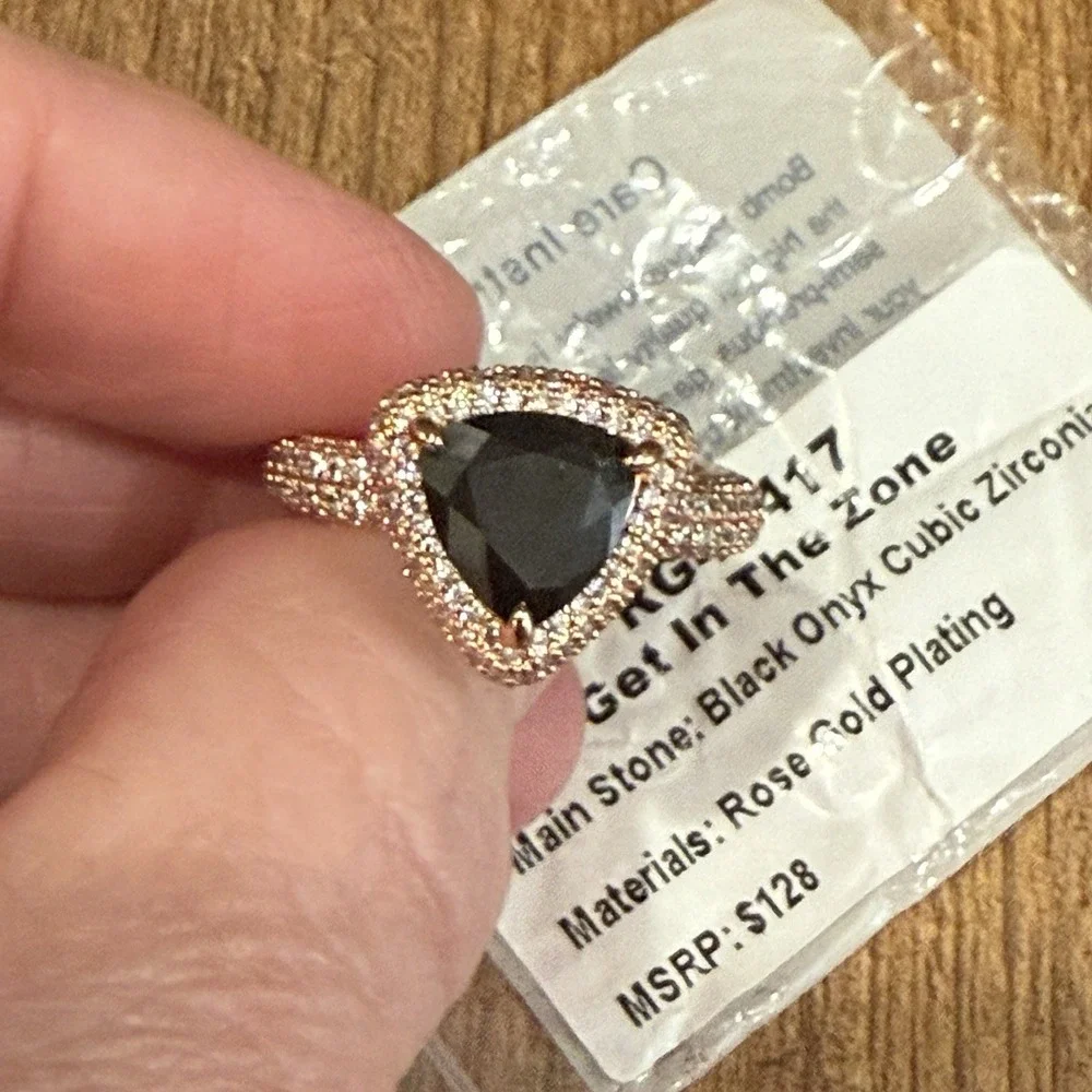 Bomb Party Ring Get In The Zone Rose Gold Plating Black Onyx RG46417‎ Size 8 NEW