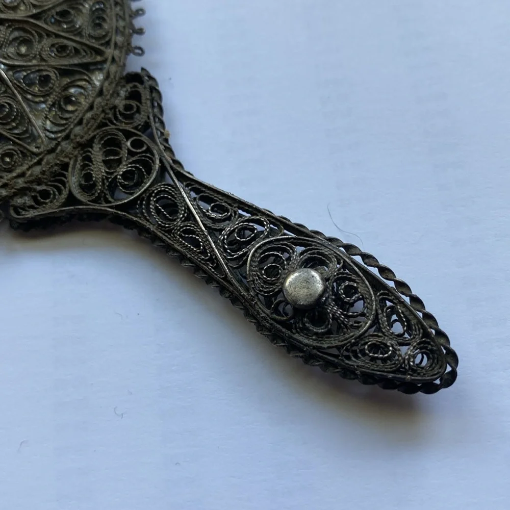 Antique Small Hand Mirror Silver Boudoir Filigree Traditional Art