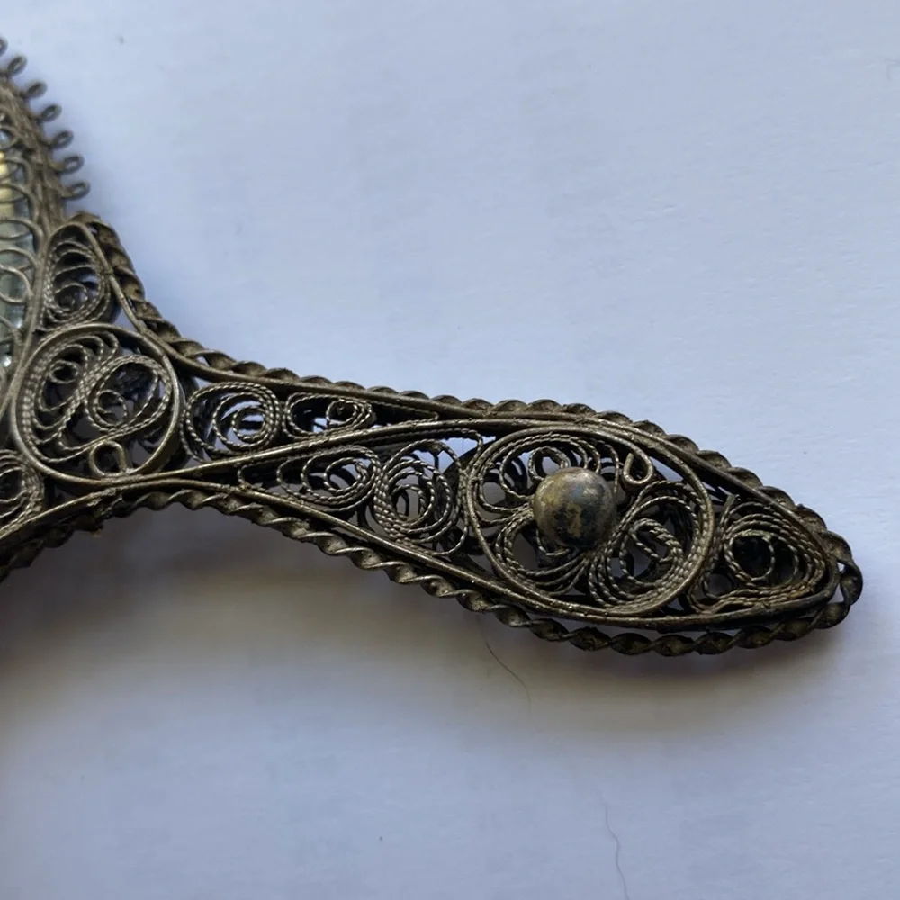 Antique Small Hand Mirror Silver Boudoir Filigree Traditional Art
