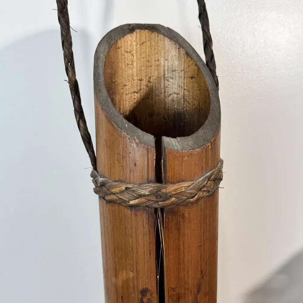Vintage Handcrafted Bamboo Vase Planter with Braided Rope Handle & Accents 16.5
