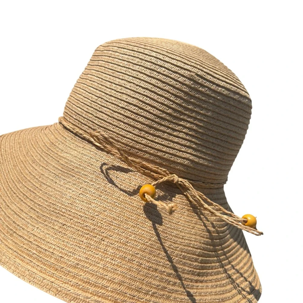 August‎ Hat Co Tan Straw Sun Hat Wide Brim Beaded Cord Summer Beach One Size