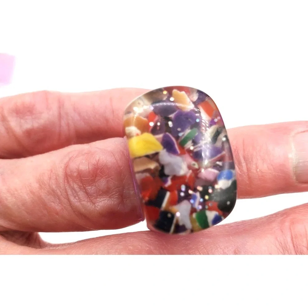 Chunky Purple Resin Ring Confetti Terrazzo Inclusion Clear Acrylic Statement Sz7