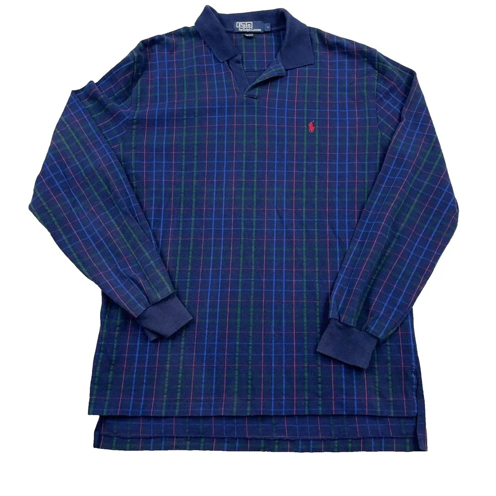 Vintage Polo Ralph Lauren Polo Shirt Men Large Blue Red Plaid Long Sleeve Rugby