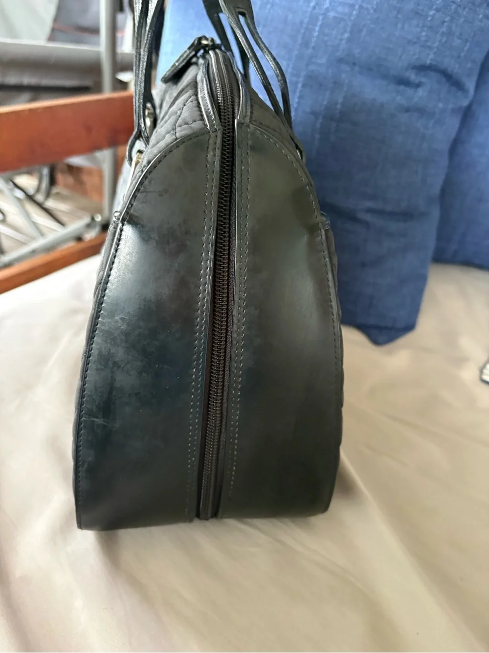 VINTAGE BALLY Black Quilted Nylon Satchel Top Handle Shoulder Bag Leather Trim