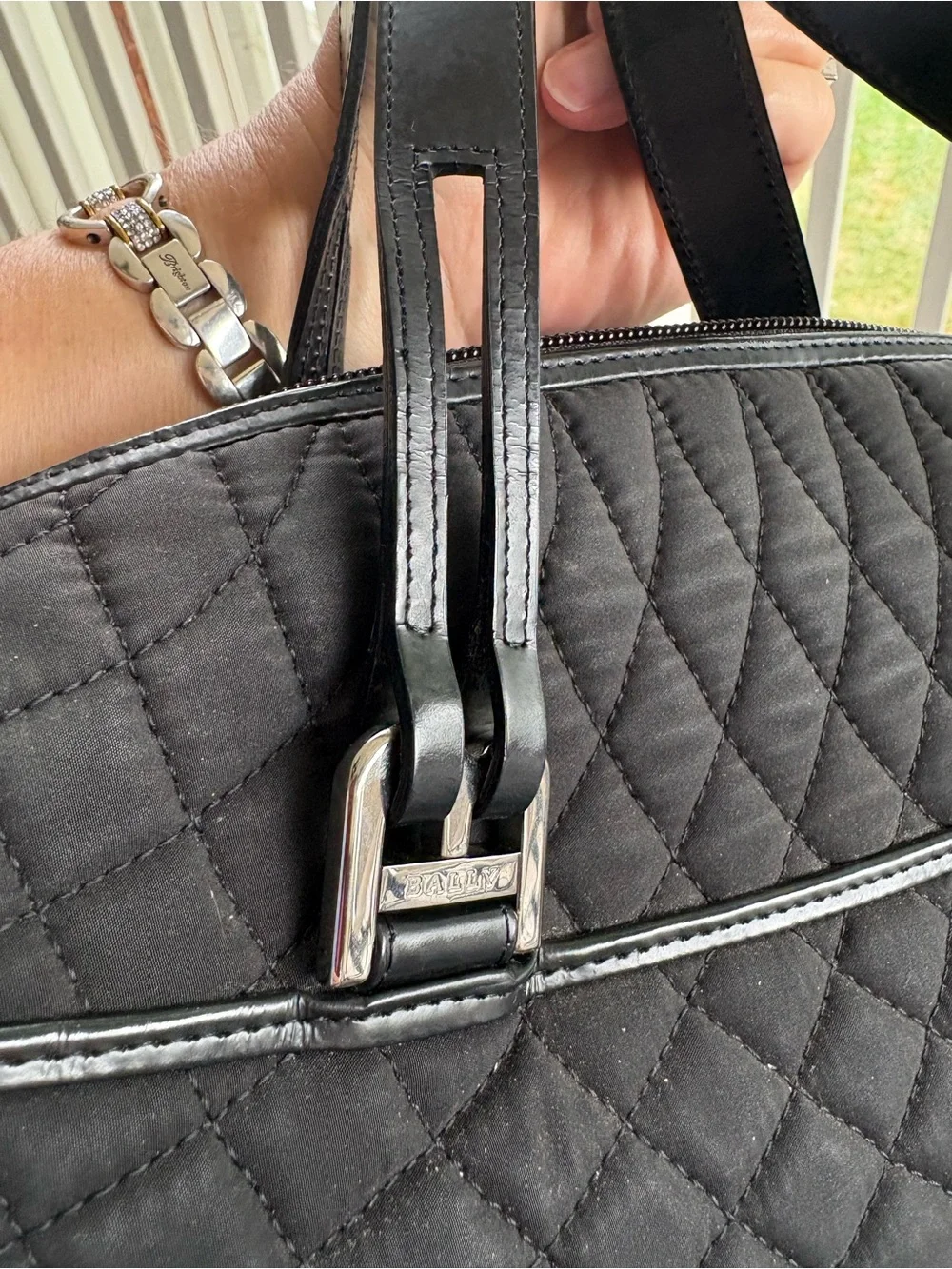 VINTAGE BALLY Black Quilted Nylon Satchel Top Handle Shoulder Bag Leather Trim