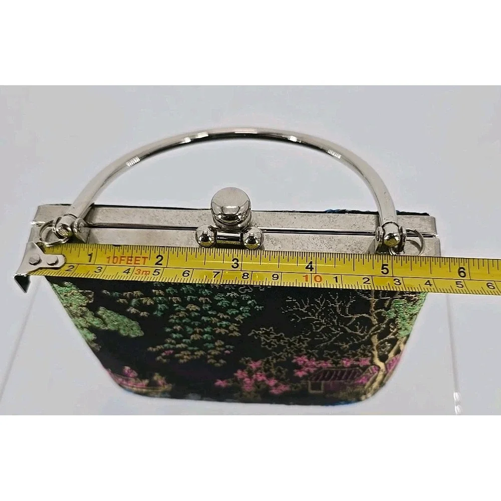 VINTAGE Purse Snap Lock Closure Needlepoint Tapestry Asia Print W/ Metal Details