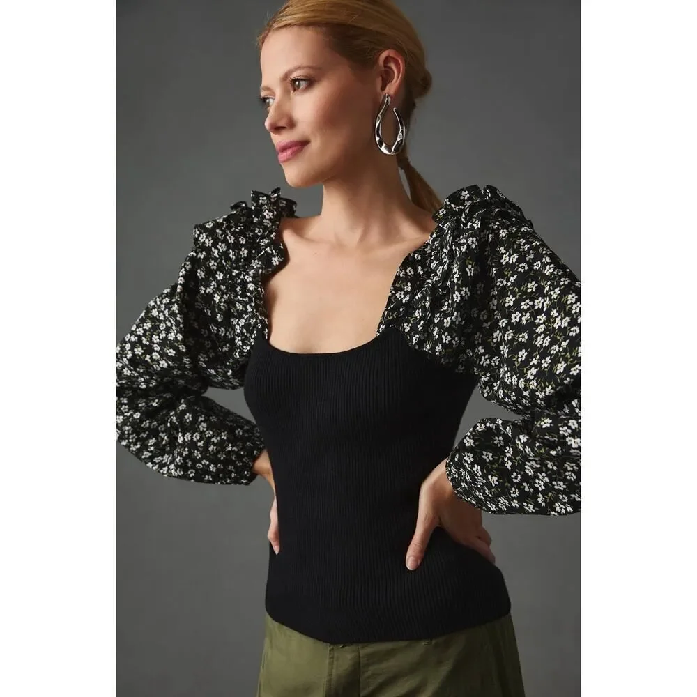 NWT By Anthropologie Woven Ruffle-Sleeve Sweater XS Black Floral Puff Sleeve